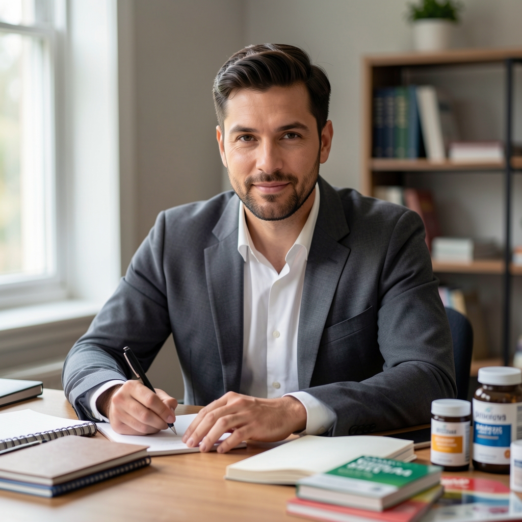 Editorial portrait of a man at a writing desk surrounded by notebooks and supplement reference materials, soft window light