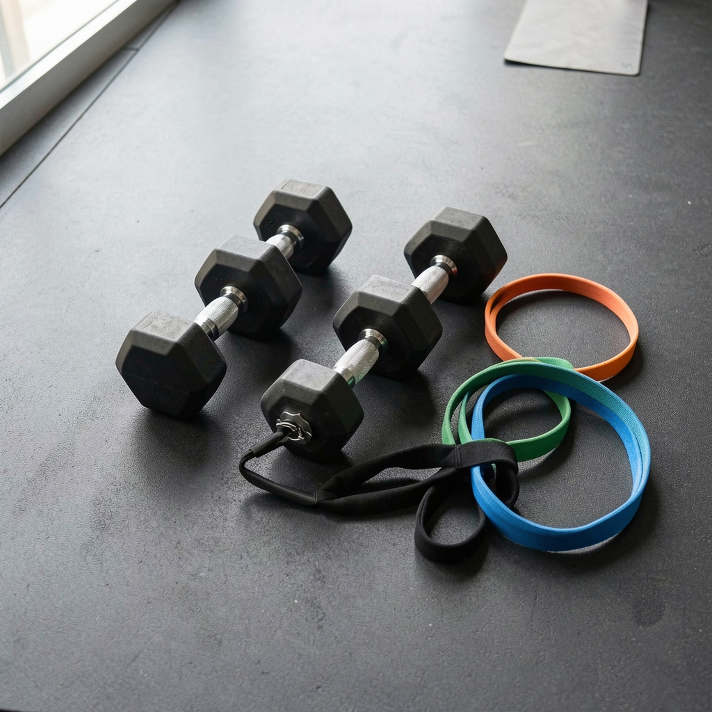 Weights and resistance bands arranged on a clean gym floor surface, editorial overhead composition with natural light