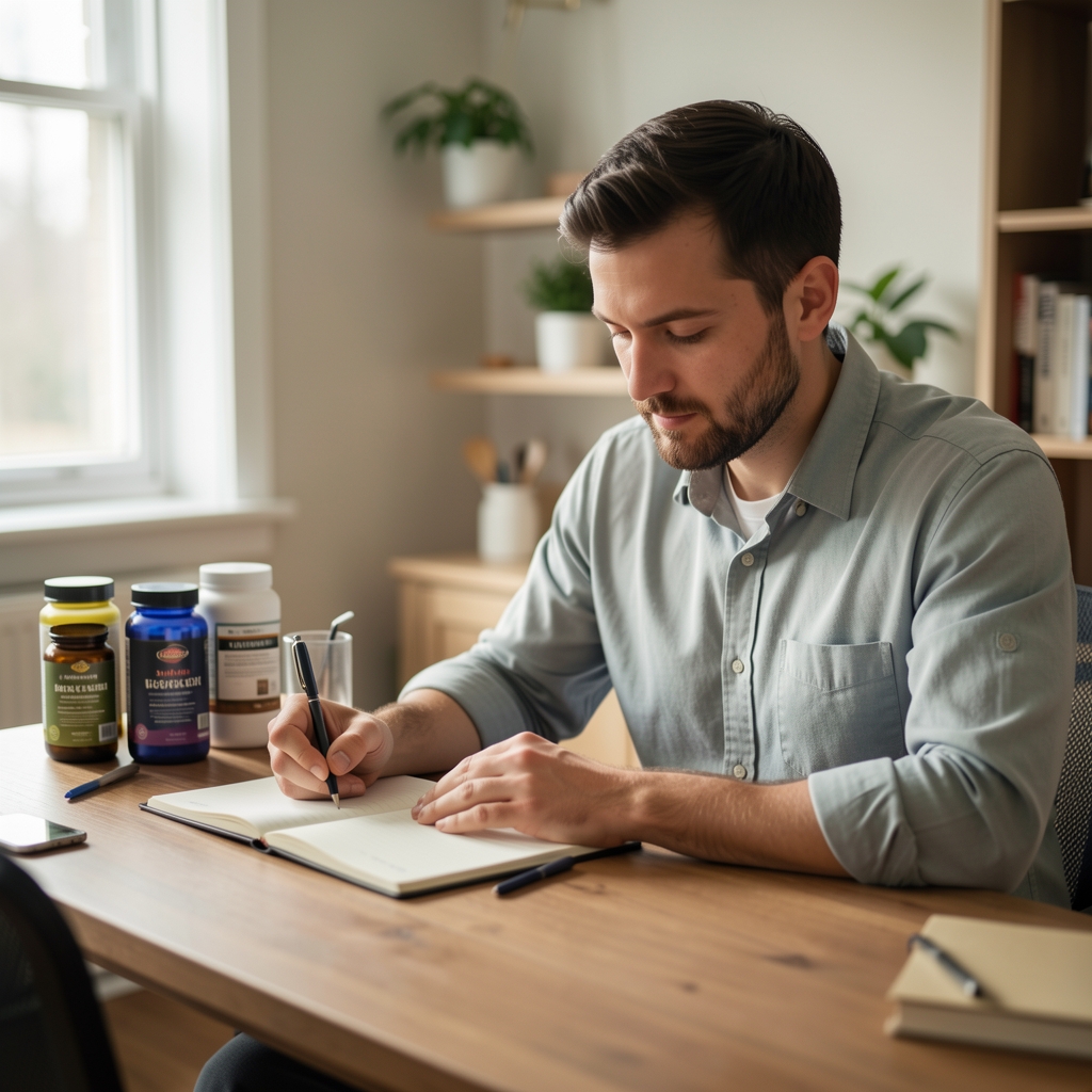 Man journalling at a wooden desk in soft daylight, supplement containers in the background, morning routine editorial composition