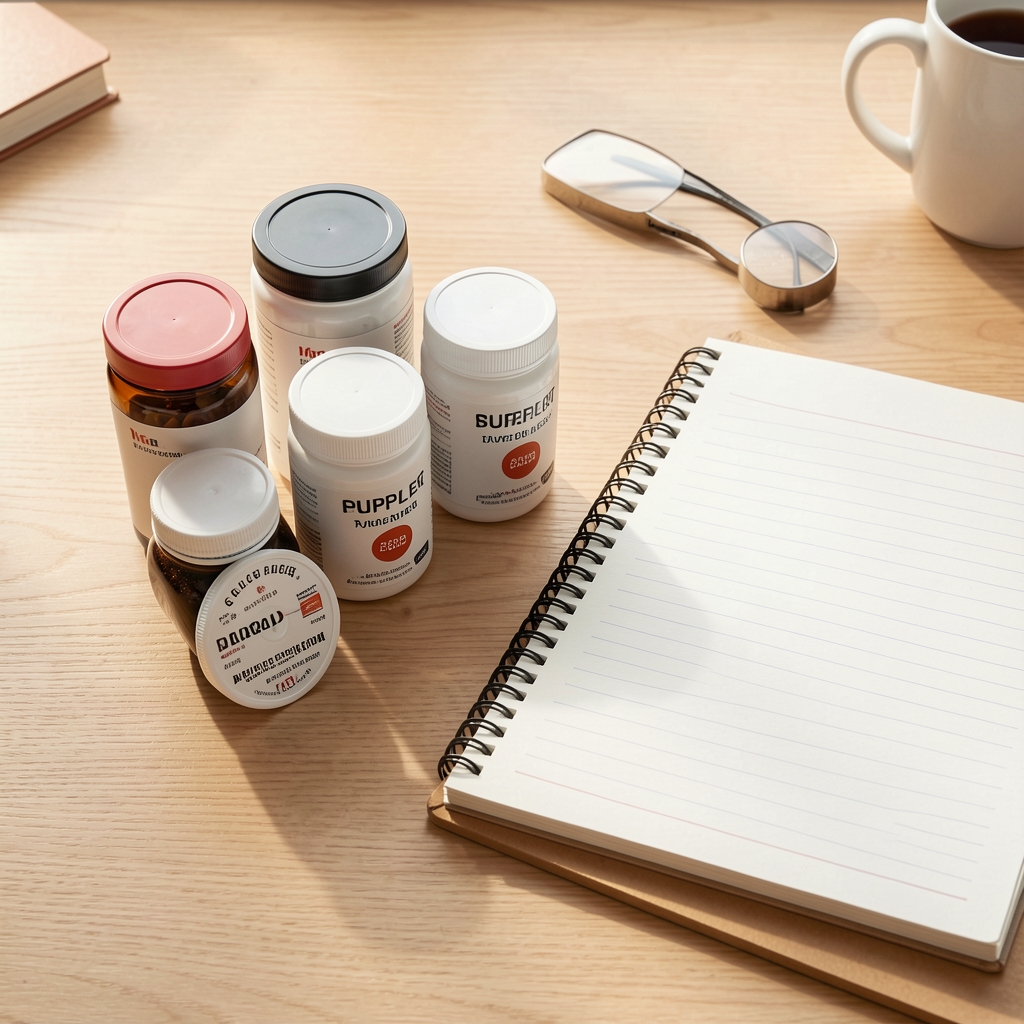 Supplement containers and a notebook on a clean wooden desk in natural morning light, editorial flat lay composition